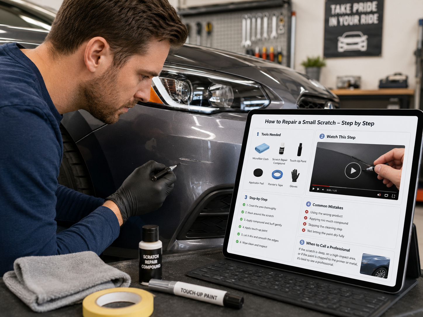Create a realistic but clean modern illustration for a blog article. Show a person carefully repairing a small scratch on a car while a tablet or laptop sits nearby displaying a helpful step-by-step guide. On the screen, show clearly labelled sections such as “Tools Needed”, “Watch This Step”, “Common Mistakes”, and “When to Call a Professional”. Include small visual thumbnails or icons to suggest photos and video guidance. The scene should feel practical, supportive, and confidence-building, showing how a helpful website acts like a workshop companion rather than just giving a summary.