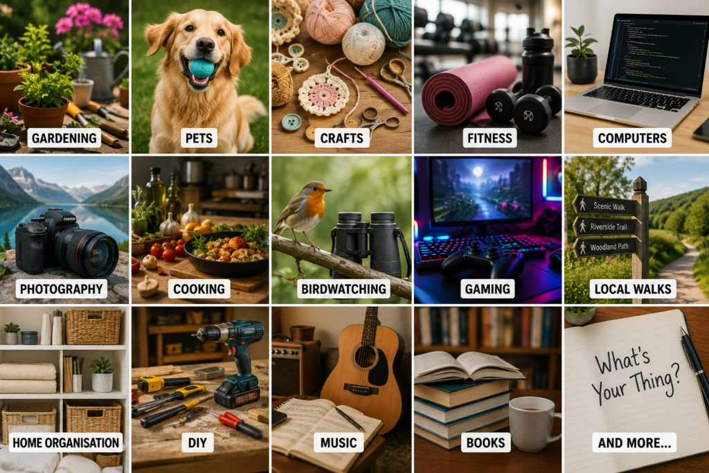 Collage of different hobbies and interests including gardening, pets, crafts, fitness, computers, photography, cooking, birdwatching, gaming, local walks, home organisation, DIY, music and books.
