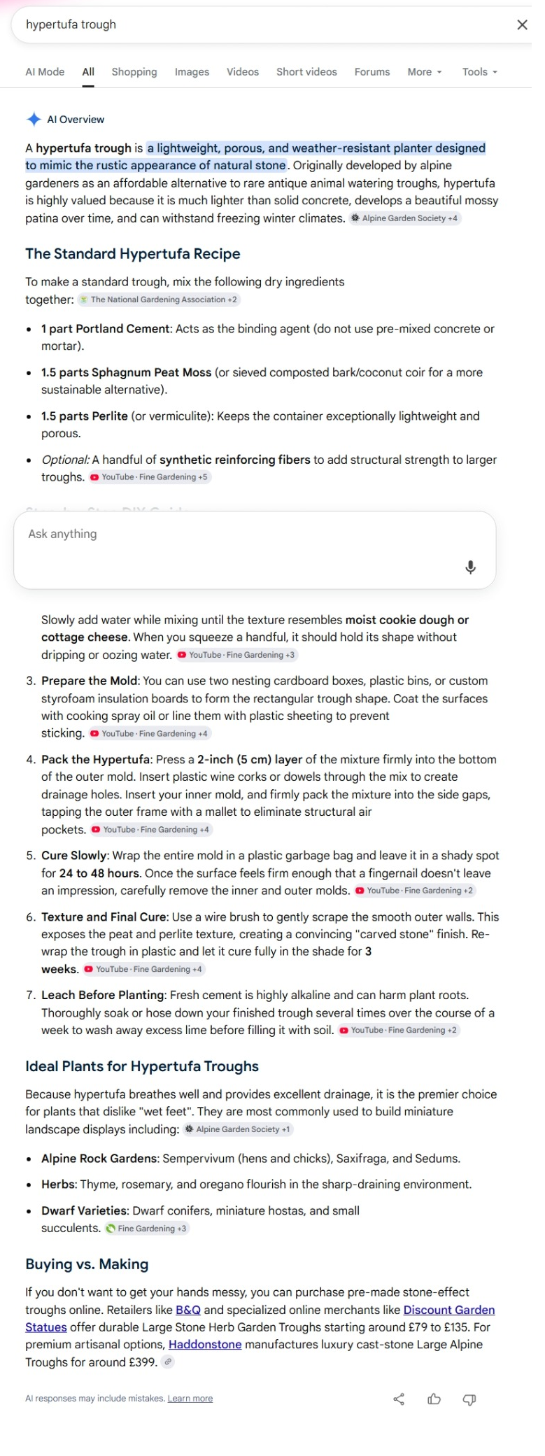 Screenshot of actual AI overview received when searching for 'hypertufa trough'