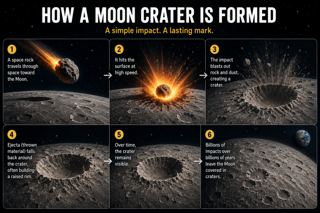 Visual explanation of how Moon craters are formed by space rocks hitting the lunar surface and throwing out rock and dust.