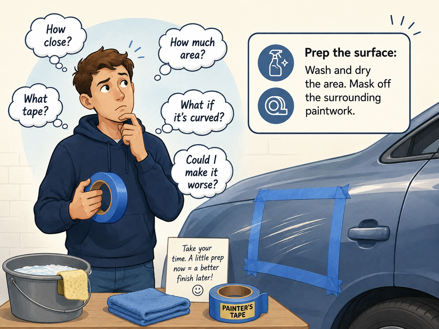 Illustration of a beginner holding painter’s tape beside a scratched car and wondering how to carry out the masking step correctly.