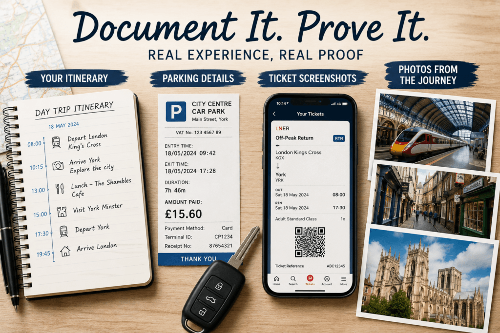 A screenshot showing sample tickets, travel photos and other evidence