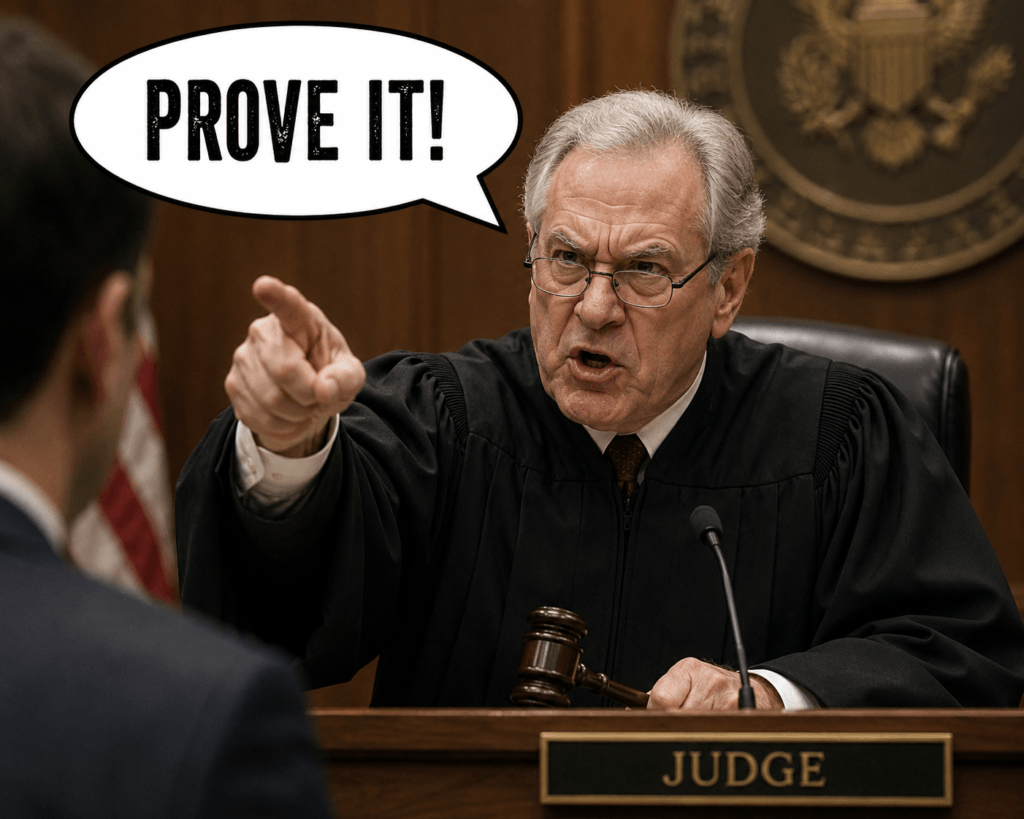 An image of a hypothetical judge in a Court saying 'prove it'