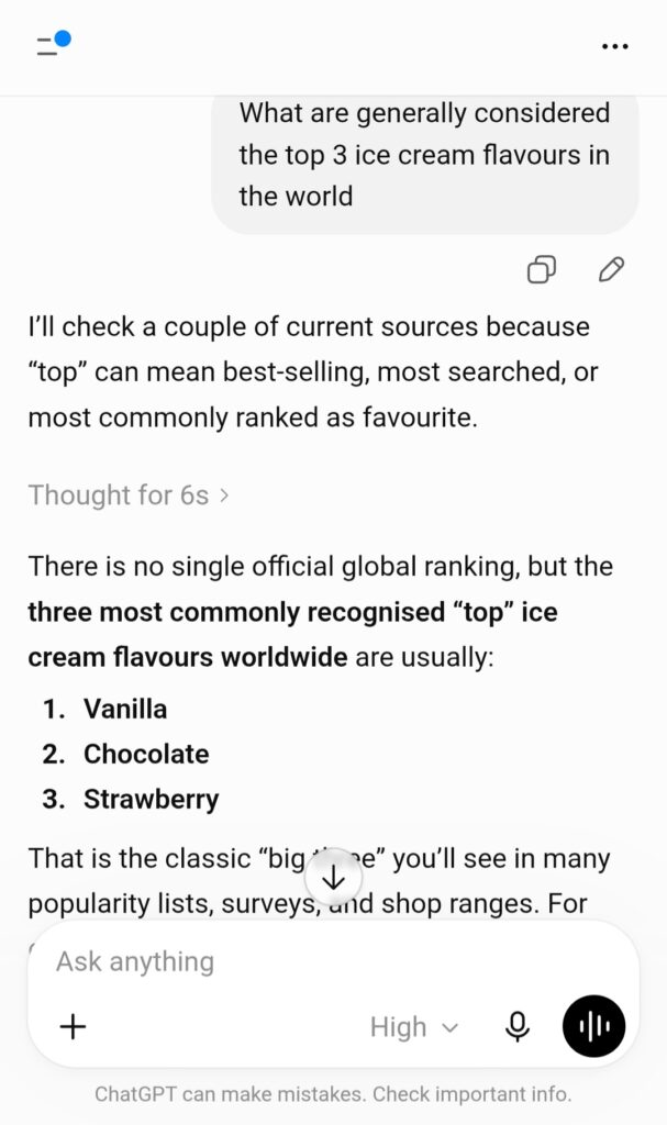 Screenshot showing the ice cream prompt and result